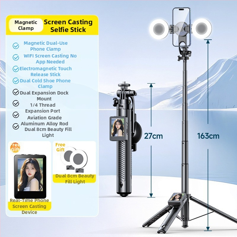 Mobilā tālruņa selfijam un tiešraides komplekts: ekrāna atspoguļošanas ierīce, statīvs, tālruņa turētājs; alumīnija sakausējums, attāluma vadība, Bluetooth, pielāgošana atbalstīta