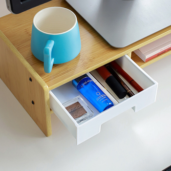 Drevený zdvihový stojan na počítač, 2 úrovne, s zásuvkou, stolové skladovanie, pohyblivý, zapustená inštalácia skrutiek