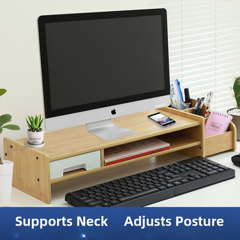 Drevený zdvihový stojan na počítač, 2 úrovne, s zásuvkou, stolové skladovanie, pohyblivý, zapustená inštalácia skrutiek