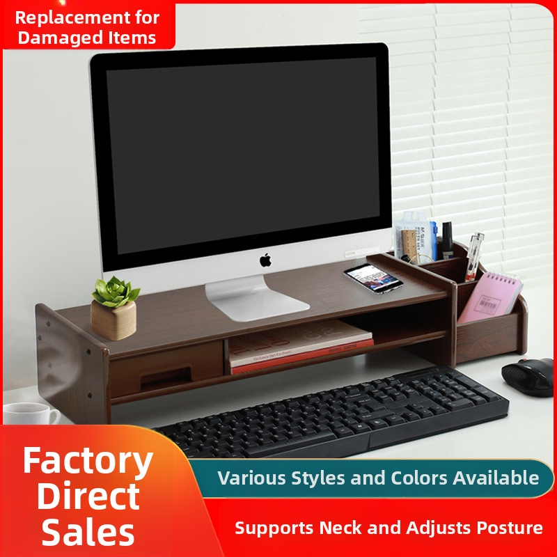 Drevený zdvihový stojan na počítač, 2 úrovne, s zásuvkou, stolové skladovanie, pohyblivý, zapustená inštalácia skrutiek