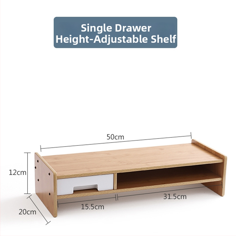 Drevený zdvihový stojan na počítač, 2 úrovne, s zásuvkou, stolové skladovanie, pohyblivý, zapustená inštalácia skrutiek