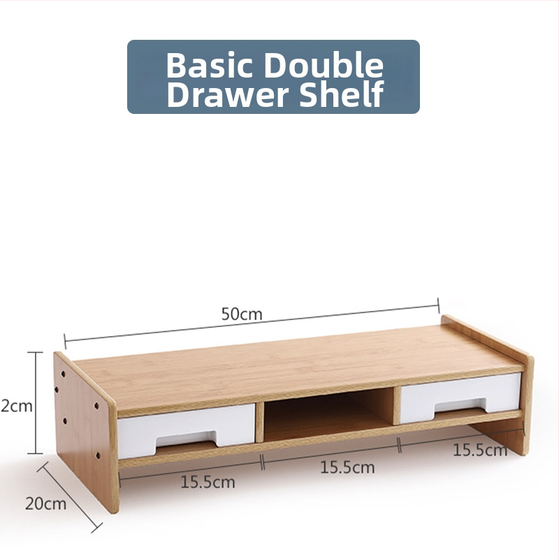 Drevený zdvihový stojan na počítač, 2 úrovne, s zásuvkou, stolové skladovanie, pohyblivý, zapustená inštalácia skrutiek