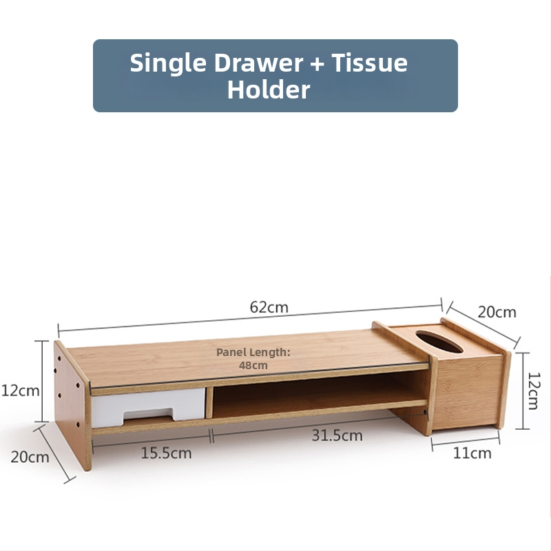 Drevený zdvihový stojan na počítač, 2 úrovne, s zásuvkou, stolové skladovanie, pohyblivý, zapustená inštalácia skrutiek