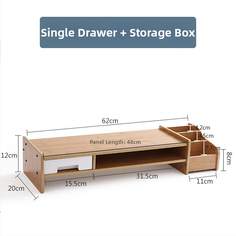 Drevený zdvihový stojan na počítač, 2 úrovne, s zásuvkou, stolové skladovanie, pohyblivý, zapustená inštalácia skrutiek