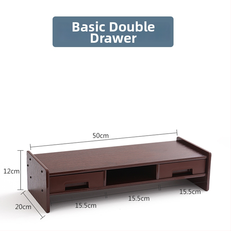 Drevený zdvihový stojan na počítač, 2 úrovne, s zásuvkou, stolové skladovanie, pohyblivý, zapustená inštalácia skrutiek