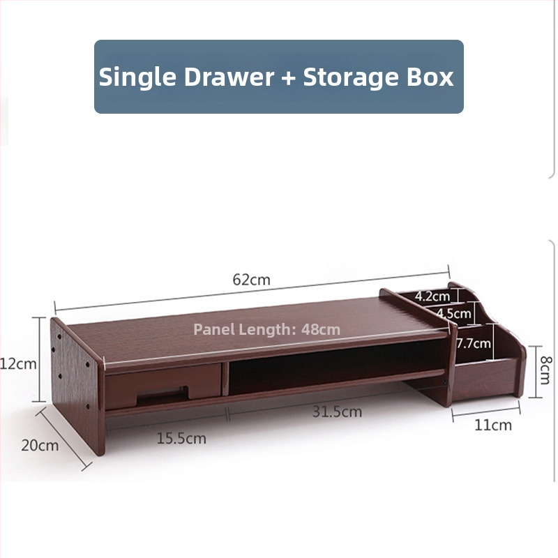 Drevený zdvihový stojan na počítač, 2 úrovne, s zásuvkou, stolové skladovanie, pohyblivý, zapustená inštalácia skrutiek