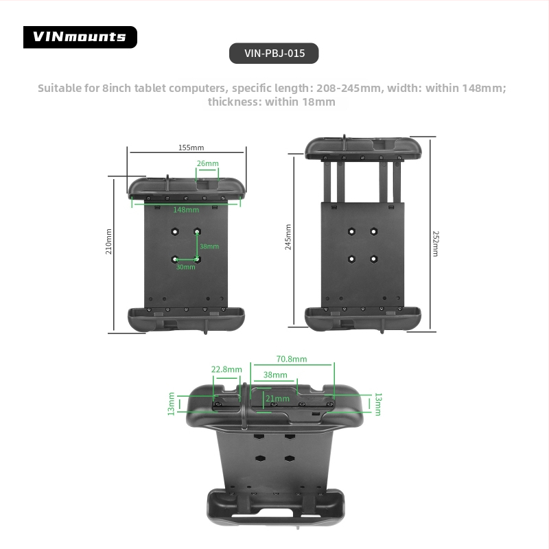 Vin-pbj-015 Universālais planšetes turētājs ar bumbas galvu (izstiepjams fiksēts tips) – vācu pastiprināts neilons, slodze līdz 2 kg, caurumu attālums 30×38 mm