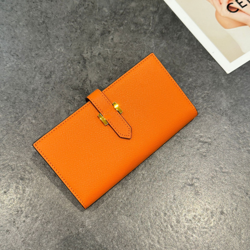 Portofel lung pentru femei din piele naturală, piele de vită din primul strat, ultraușor, capacitate extensibilă, lansare iarna 2025, Orange Cat Leather Goods