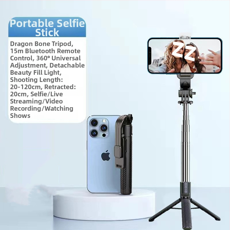 Pikendatav mini selfie-stiik mobiiltelefonile, kolmjalgsest statiiviga, roostevabast terasest; kaugjuhikut pole, Bluetoothi pole, valgustust pole