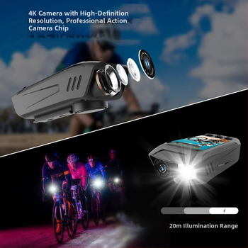 Riteņbraukšanas akcijas kamera ar 4K video, elektronisko stabilizāciju, svilpi un lukturi, 2.0-inch LCD
