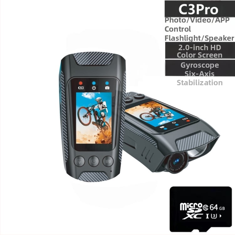 Riteņbraukšanas akcijas kamera ar 4K video, elektronisko stabilizāciju, svilpi un lukturi, 2.0-inch LCD