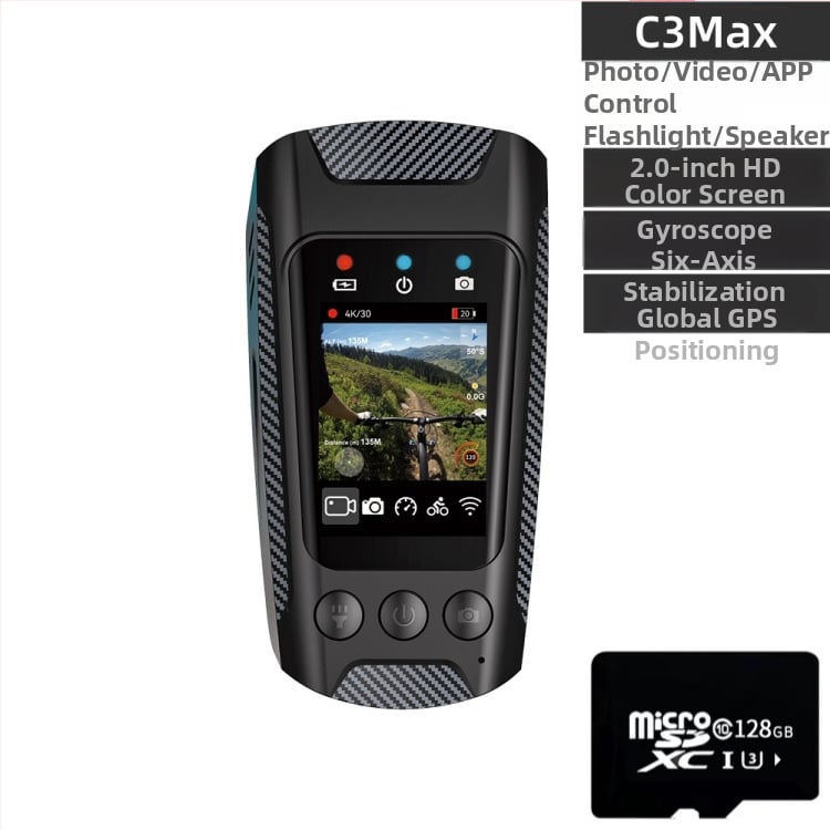 Riteņbraukšanas akcijas kamera ar 4K video, elektronisko stabilizāciju, svilpi un lukturi, 2.0-inch LCD