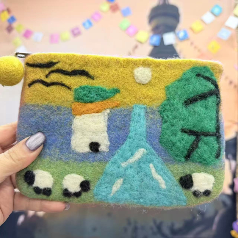 Portofel pentru monede din filc de lână, design castel, căptușeală pluș, antibacterian, primăvara 2024