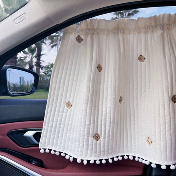Draperie auto cu protecție solară și broderie urs-flori, bumbac gros, imprimare logo, montaj cu ventuză, stil desen animat