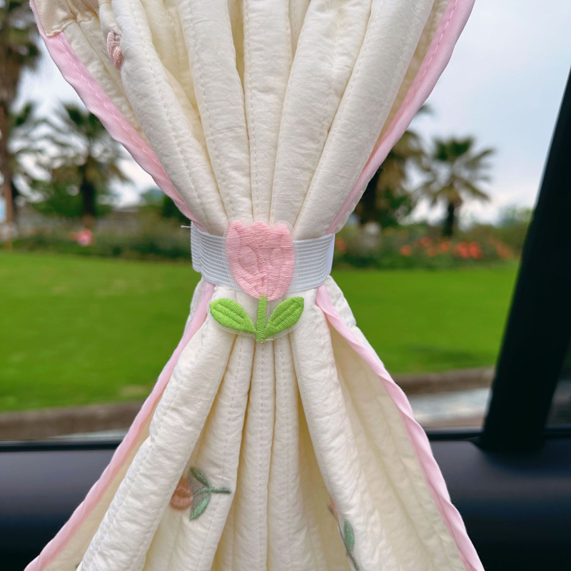 Draperie auto cu protecție solară și broderie urs-flori, bumbac gros, imprimare logo, montaj cu ventuză, stil desen animat