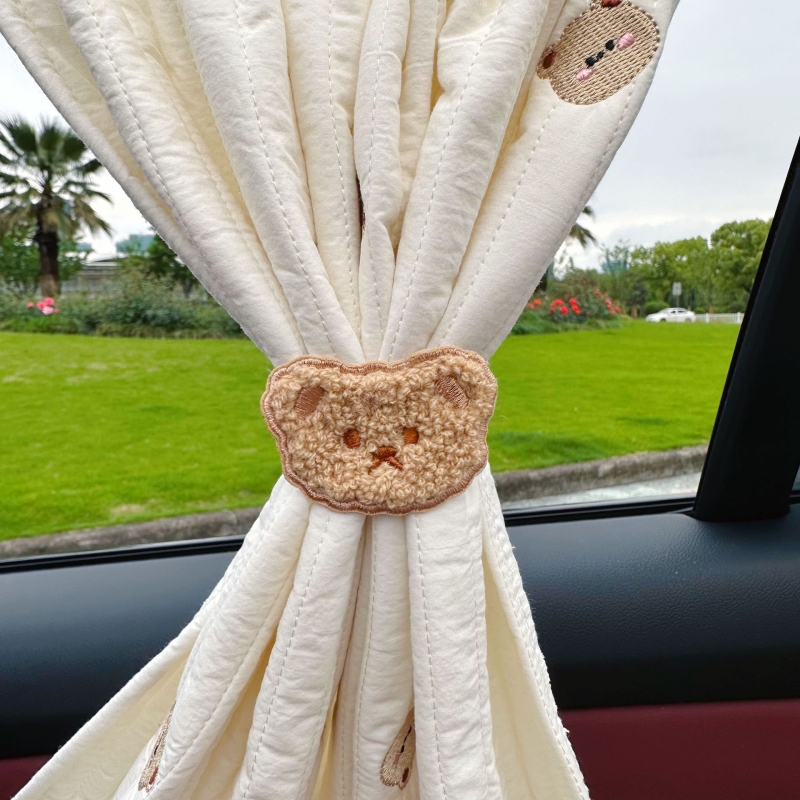 Draperie auto cu protecție solară și broderie urs-flori, bumbac gros, imprimare logo, montaj cu ventuză, stil desen animat
