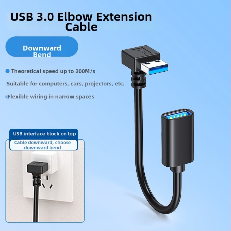 USB 3.0 удължителен кабел, 90° L-образен, USB A мъжки към USB A женски, кабел за пренос на данни