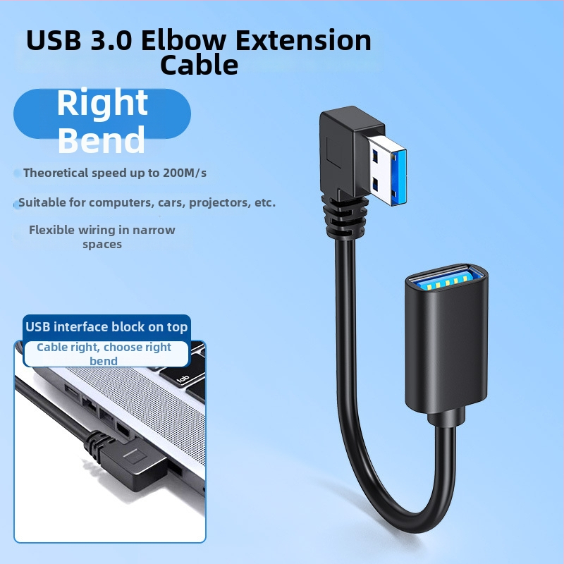 USB 3.0 удължителен кабел, 90° L-образен, USB A мъжки към USB A женски, кабел за пренос на данни