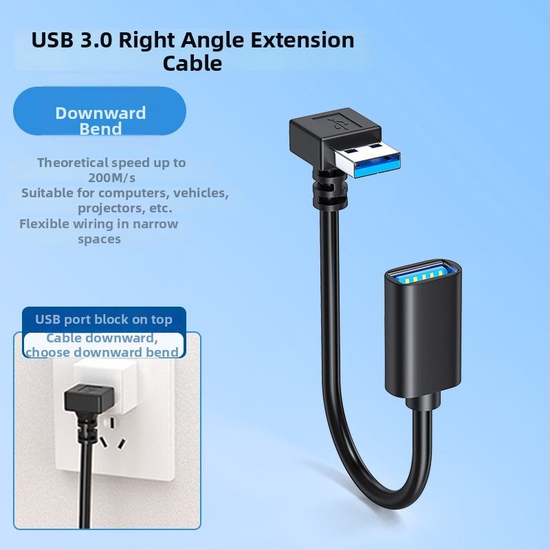 USB 3.0 удължителен кабел, 90° L-образен, USB A мъжки към USB A женски, кабел за пренос на данни