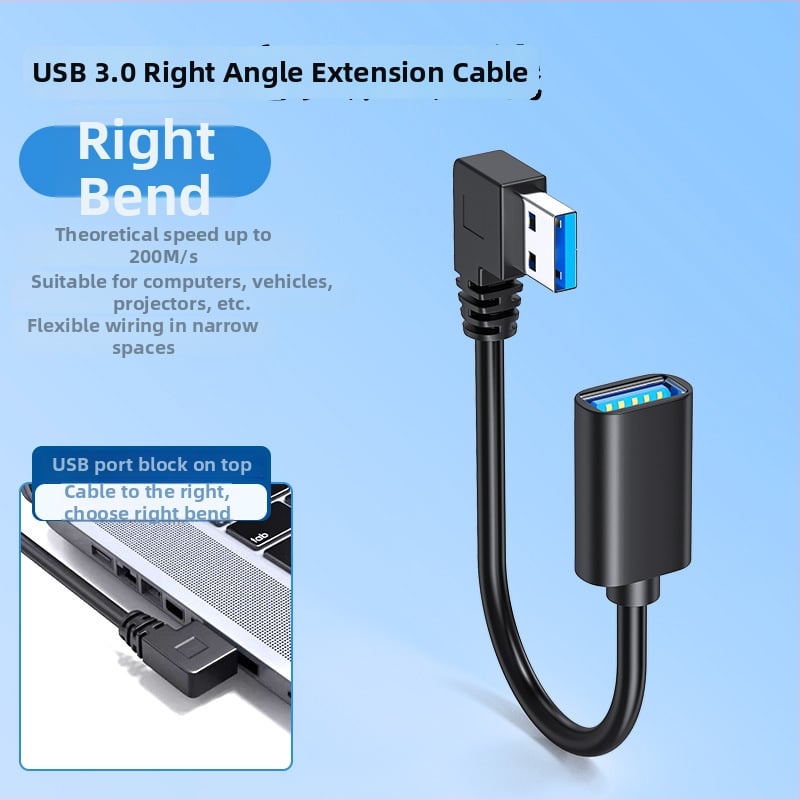 USB 3.0 удължителен кабел, 90° L-образен, USB A мъжки към USB A женски, кабел за пренос на данни