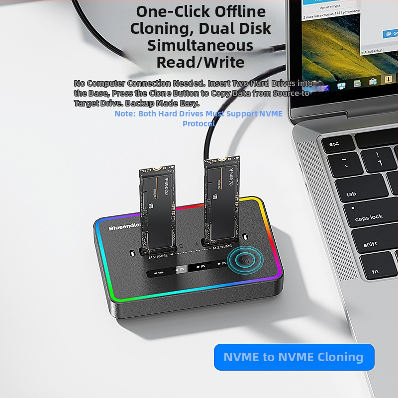 M.2 NVMe SSD klonavimo dokas, Type-C sąsaja, 20 Gbps, ABS korpusas, modeliai SD07/SD08, palaiko iki 8TB×2