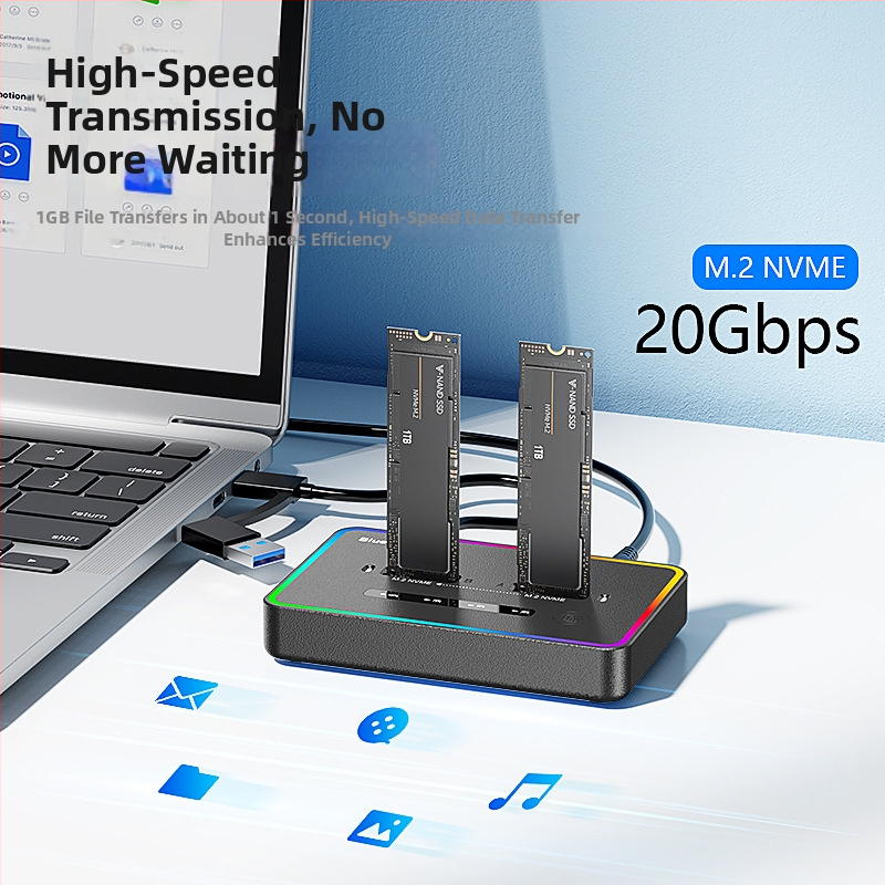 M.2 NVMe SSD klonavimo dokas, Type-C sąsaja, 20 Gbps, ABS korpusas, modeliai SD07/SD08, palaiko iki 8TB×2