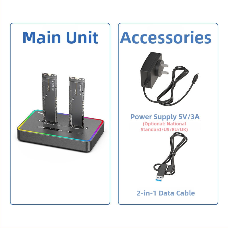 M.2 NVMe SSD klonavimo dokas, Type-C sąsaja, 20 Gbps, ABS korpusas, modeliai SD07/SD08, palaiko iki 8TB×2