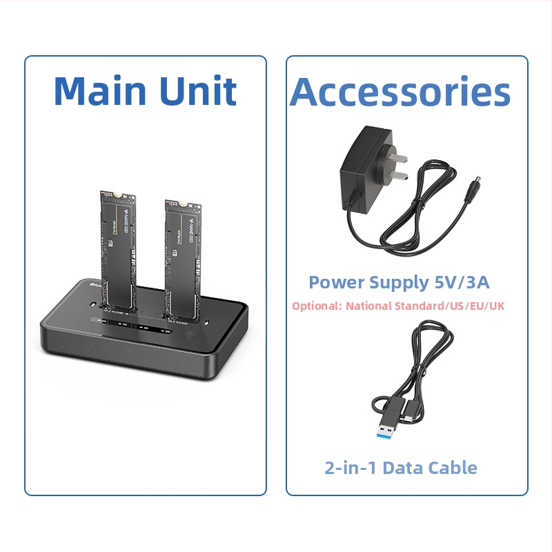 M.2 NVMe SSD klonavimo dokas, Type-C sąsaja, 20 Gbps, ABS korpusas, modeliai SD07/SD08, palaiko iki 8TB×2
