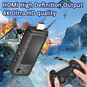 Nostalgijas Android mājas spēļu konsole ar bezvadu HDMI izeju uz televizoru, PSP‑stila džojsters, 64/128/256 GB atmiņa, atbalsta divus spēlētājus