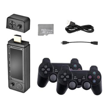 Nostalgijas Android mājas spēļu konsole ar bezvadu HDMI izeju uz televizoru, PSP‑stila džojsters, 64/128/256 GB atmiņa, atbalsta divus spēlētājus