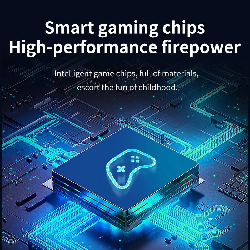 Nostalgijas Android mājas spēļu konsole ar bezvadu HDMI izeju uz televizoru, PSP‑stila džojsters, 64/128/256 GB atmiņa, atbalsta divus spēlētājus