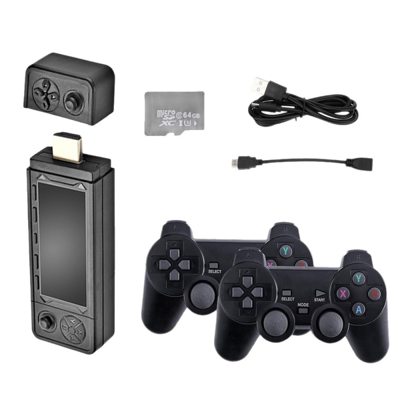 Nostalgijas Android mājas spēļu konsole ar bezvadu HDMI izeju uz televizoru, PSP‑stila džojsters, 64/128/256 GB atmiņa, atbalsta divus spēlētājus