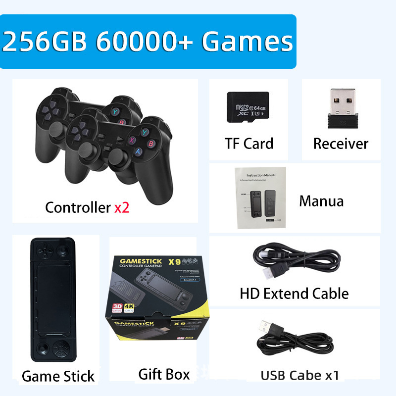 Nostalgijas Android mājas spēļu konsole ar bezvadu HDMI izeju uz televizoru, PSP‑stila džojsters, 64/128/256 GB atmiņa, atbalsta divus spēlētājus