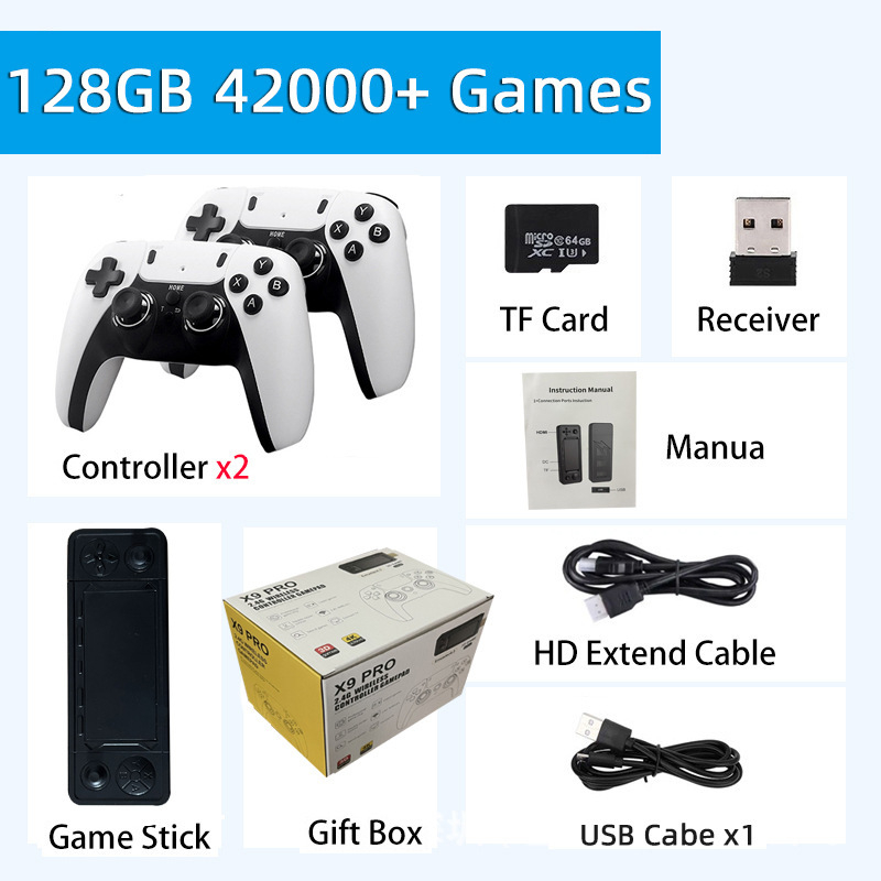 Nostalgijas Android mājas spēļu konsole ar bezvadu HDMI izeju uz televizoru, PSP‑stila džojsters, 64/128/256 GB atmiņa, atbalsta divus spēlētājus