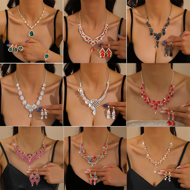 Set de bijuterii din aliaj cu pietre Rhinestone, colier și cercei, lanț în formă de O, stil proaspăt și dulce, primăvara 2025