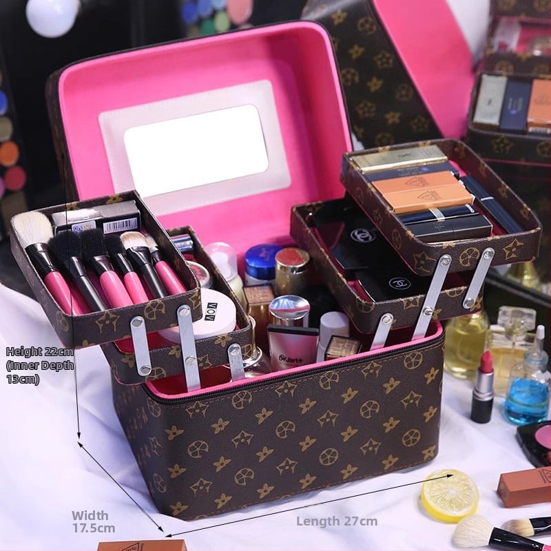 Чанта за грим с огледало, голям капацитет, разширяемо отделение, отваряне с цип, заключваща се