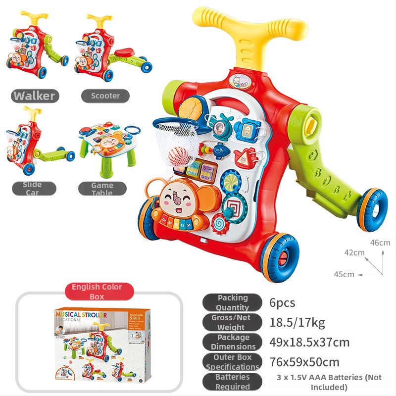 5-in-1 vaikiškas žingsnių žaislas: daugiafunkcinis vaikštynės vežimėlis, plastikinė konstrukcija, tinkamas 0–3 metų amžiui
