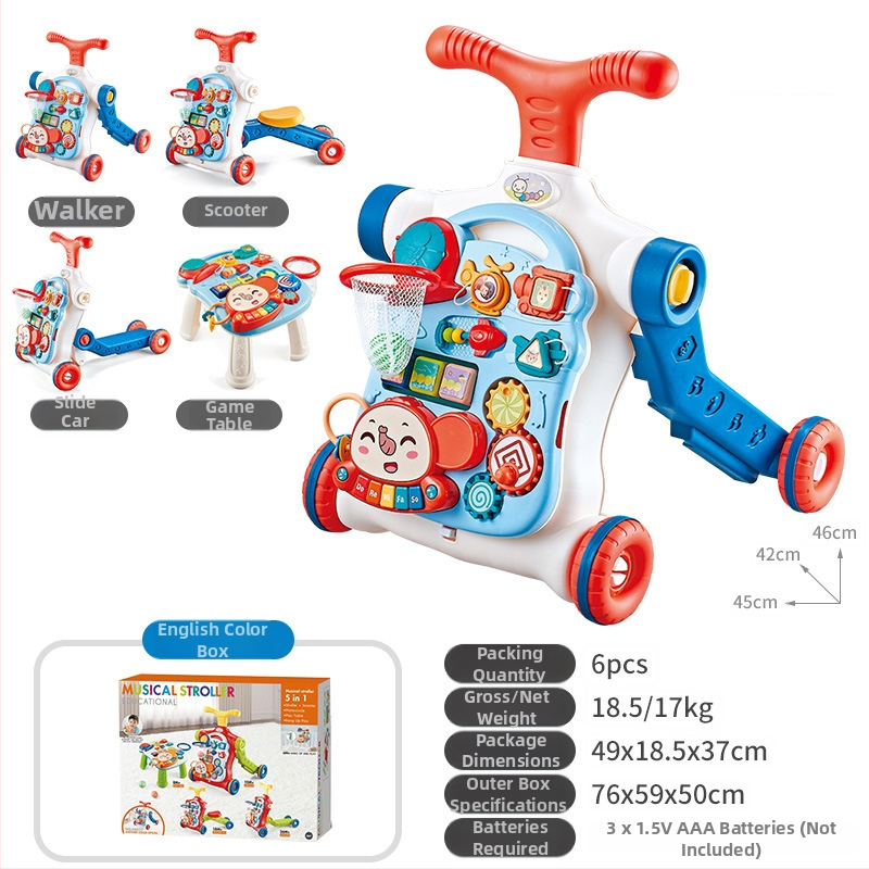 5-in-1 vaikiškas žingsnių žaislas: daugiafunkcinis vaikštynės vežimėlis, plastikinė konstrukcija, tinkamas 0–3 metų amžiui