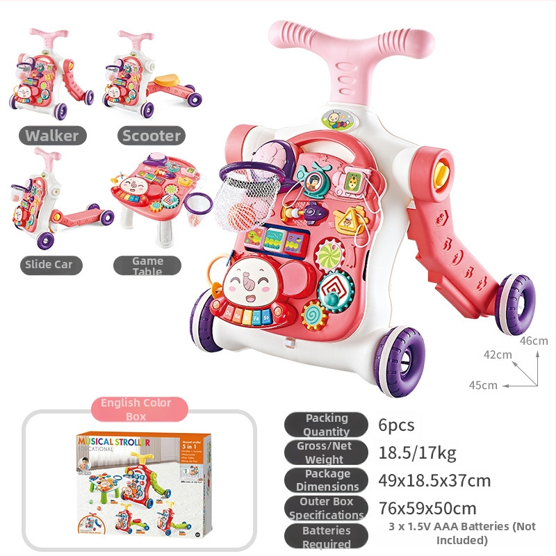 5-in-1 vaikiškas žingsnių žaislas: daugiafunkcinis vaikštynės vežimėlis, plastikinė konstrukcija, tinkamas 0–3 metų amžiui