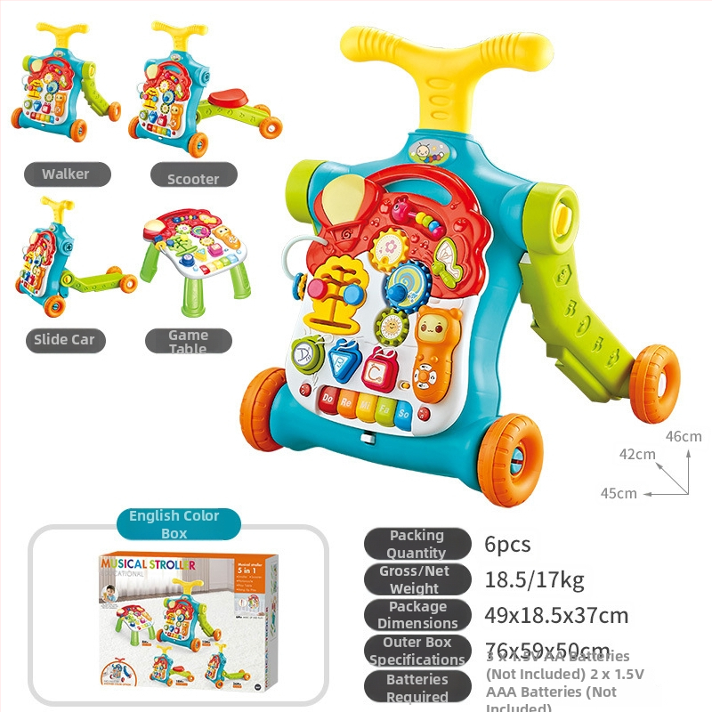 5-in-1 vaikiškas žingsnių žaislas: daugiafunkcinis vaikštynės vežimėlis, plastikinė konstrukcija, tinkamas 0–3 metų amžiui