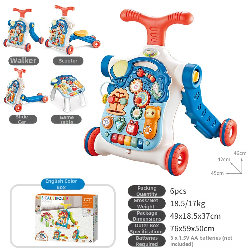 5-in-1 vaikiškas žingsnių žaislas: daugiafunkcinis vaikštynės vežimėlis, plastikinė konstrukcija, tinkamas 0–3 metų amžiui