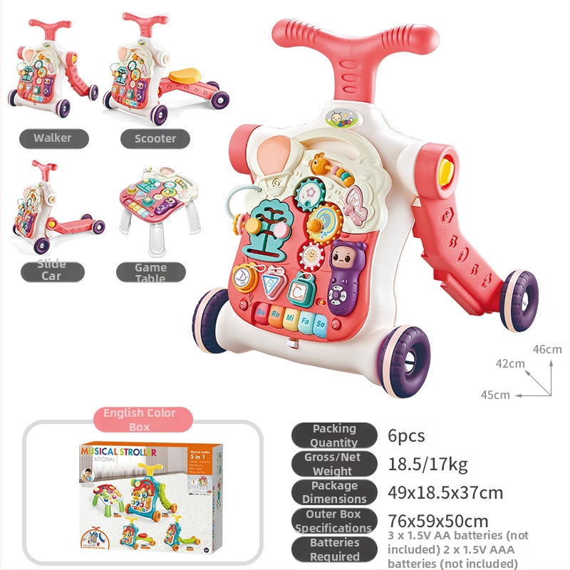 5-in-1 vaikiškas žingsnių žaislas: daugiafunkcinis vaikštynės vežimėlis, plastikinė konstrukcija, tinkamas 0–3 metų amžiui