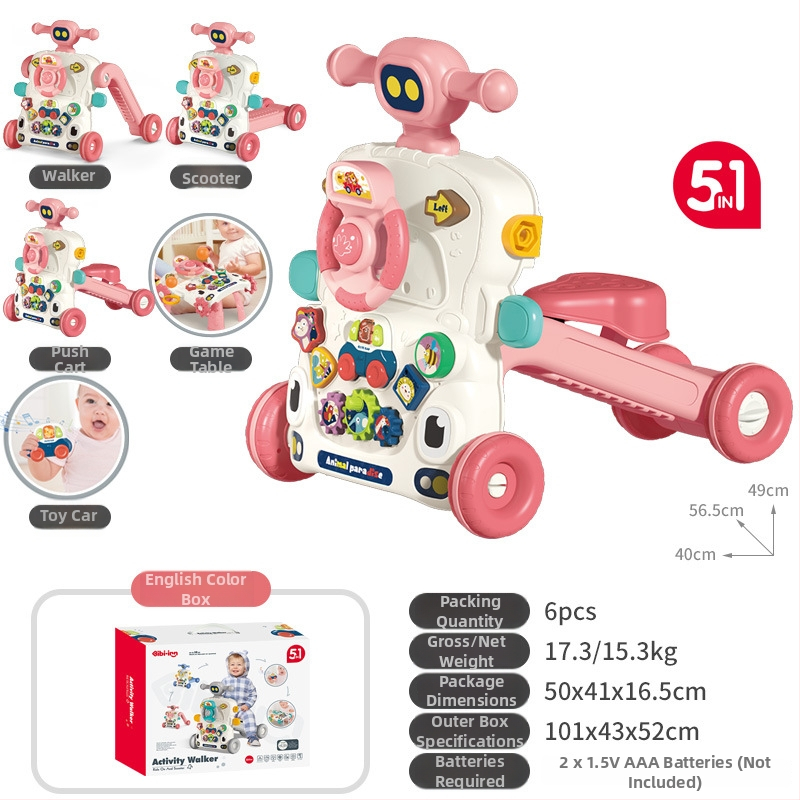 5-in-1 vaikiškas žingsnių žaislas: daugiafunkcinis vaikštynės vežimėlis, plastikinė konstrukcija, tinkamas 0–3 metų amžiui