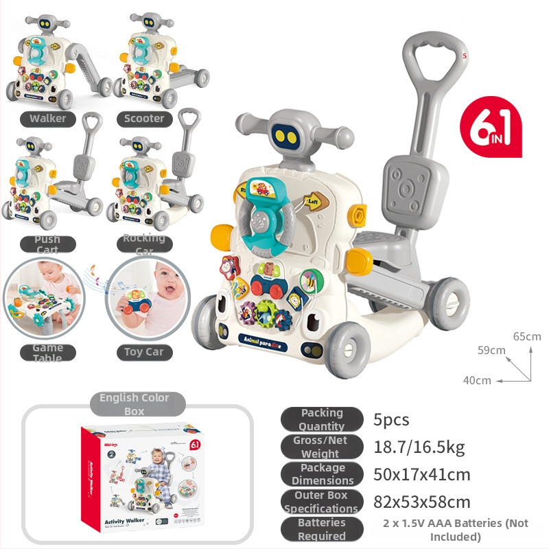 5-in-1 vaikiškas žingsnių žaislas: daugiafunkcinis vaikštynės vežimėlis, plastikinė konstrukcija, tinkamas 0–3 metų amžiui