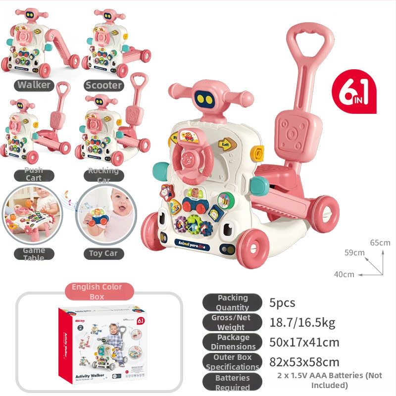 5-in-1 vaikiškas žingsnių žaislas: daugiafunkcinis vaikštynės vežimėlis, plastikinė konstrukcija, tinkamas 0–3 metų amžiui