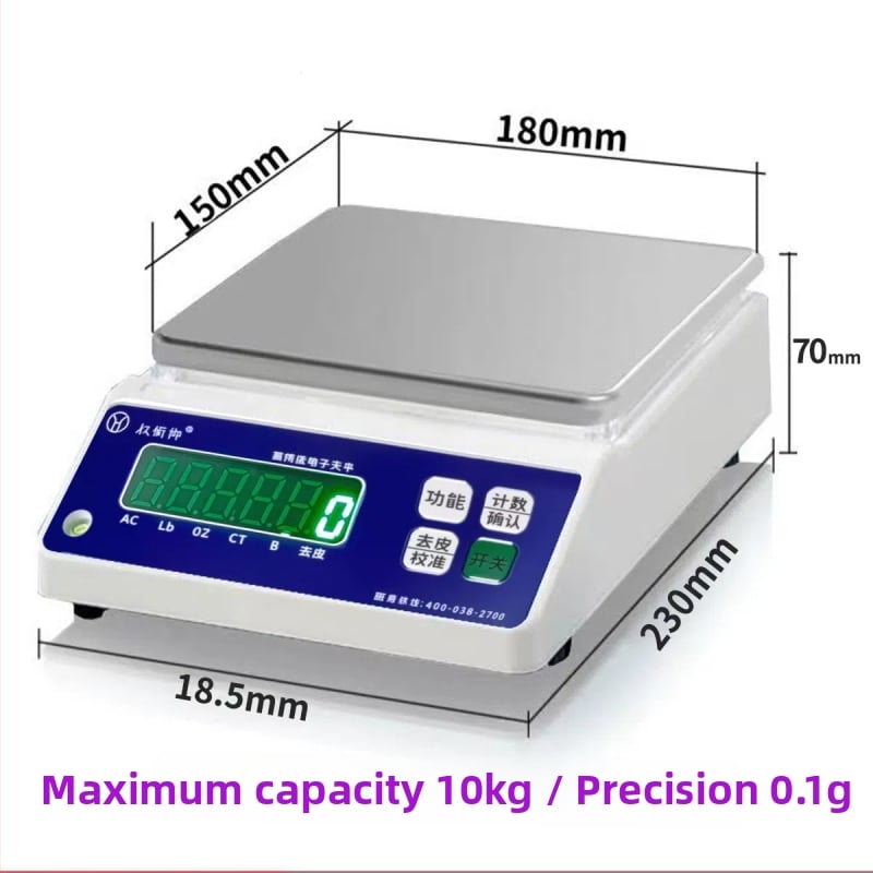 Laboratóriumi elektronikus mérleg, 10 kg kapacitás, 0,01 g olvasási pontosság, elektronikus mérés, AC/DC tápellátás, multifunkcionális