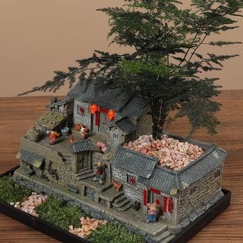 Mechový mikrolandschaft model starého domu z živice, stolová ozdoba pre bonsai, moderný čínsky štýl