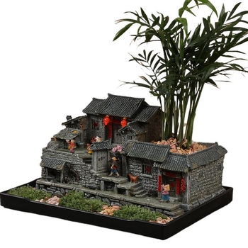 Mechový mikrolandschaft model starého domu z živice, stolová ozdoba pre bonsai, moderný čínsky štýl