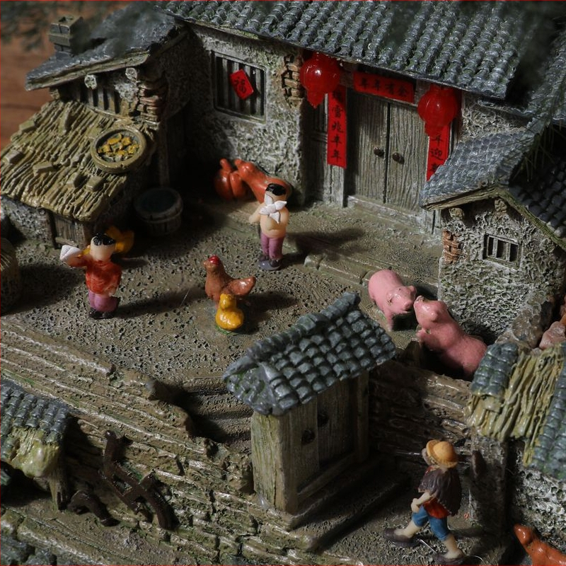 Mechový mikrolandschaft model starého domu z živice, stolová ozdoba pre bonsai, moderný čínsky štýl