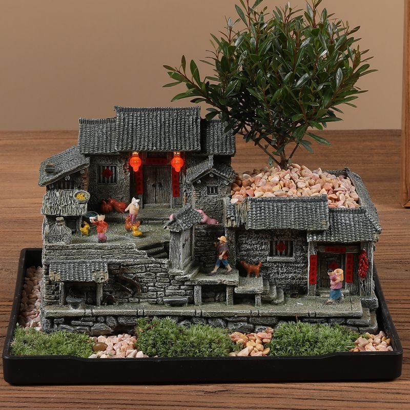 Mechový mikrolandschaft model starého domu z živice, stolová ozdoba pre bonsai, moderný čínsky štýl